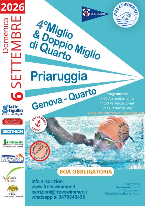 4&deg; Edizione Miglio & Doppio miglio di Quarto - 6 Settembre 2026 - Genova - GE
